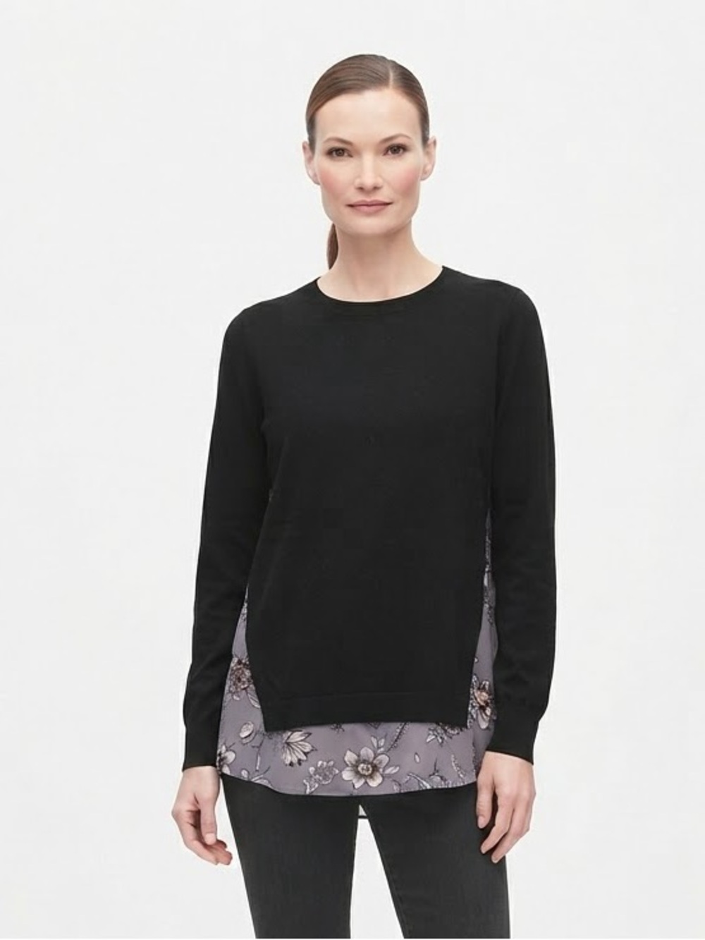 LOFT Black & Purple Floral Mixed Media Sweater Top Size Large
